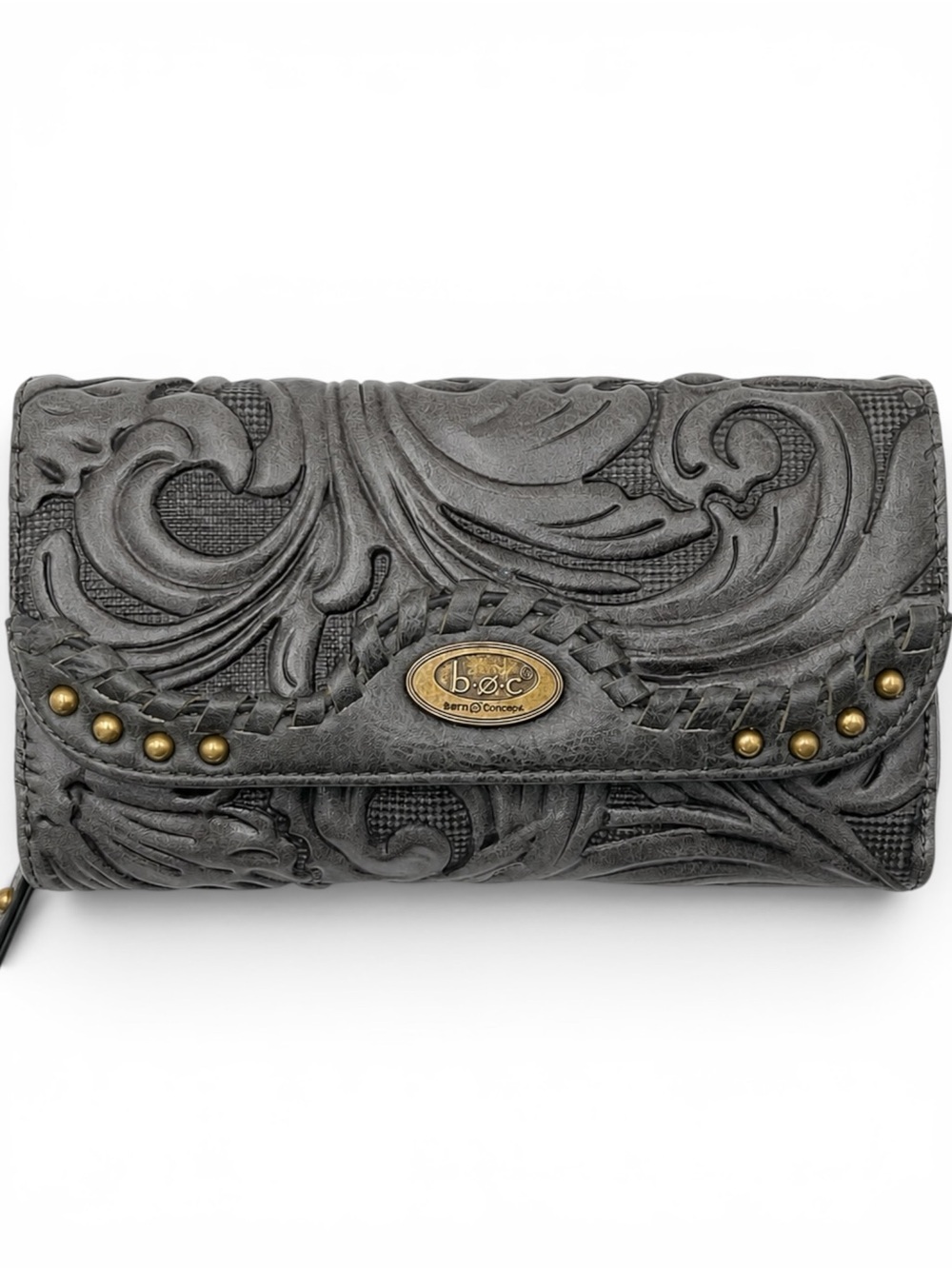 B O C Born Concept Gray Tooled Faux Leather Clutch Wallet Studded Boho Organizer